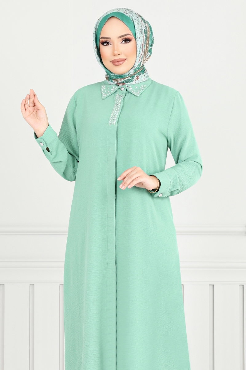 Yakası Taşlı Tesettür Takım 9144PL940-M görsel 3