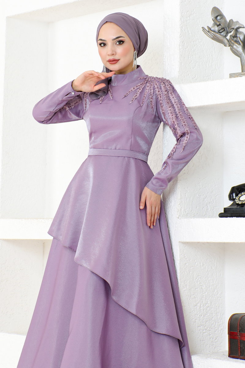Eteği Katlı Saten Abiye MDY4958-M görsel 3