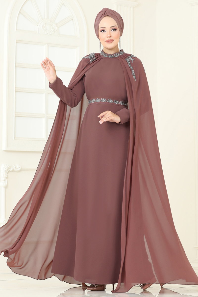Taşlı Pelerinli Şifon Abiye 8073AB368 görsel 3