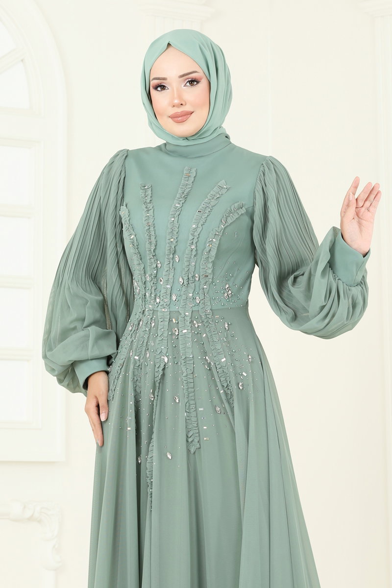 Taşlı Şifon Tesettür Abiye 5315D170 görsel 5