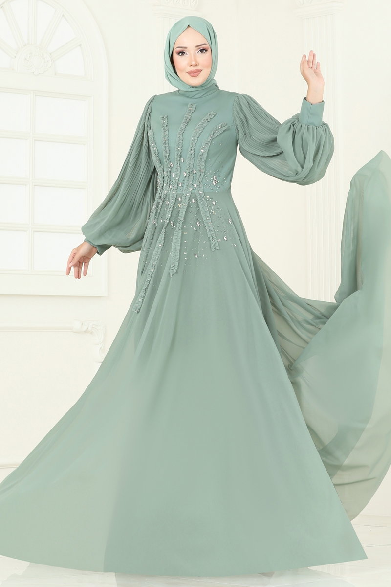 Taşlı Şifon Tesettür Abiye 5315D170 görsel 3