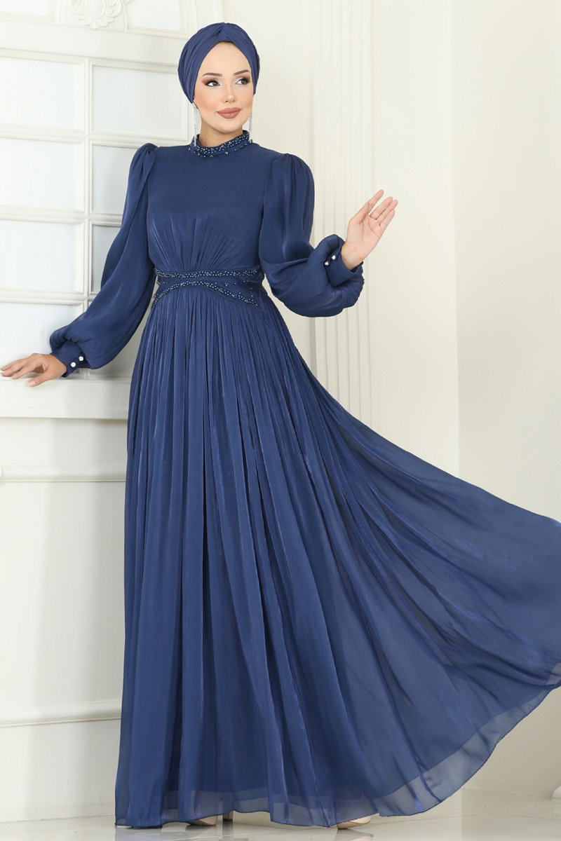 SUAL Yakası Taşlı Şifon Abiye 5275D170 görsel 4