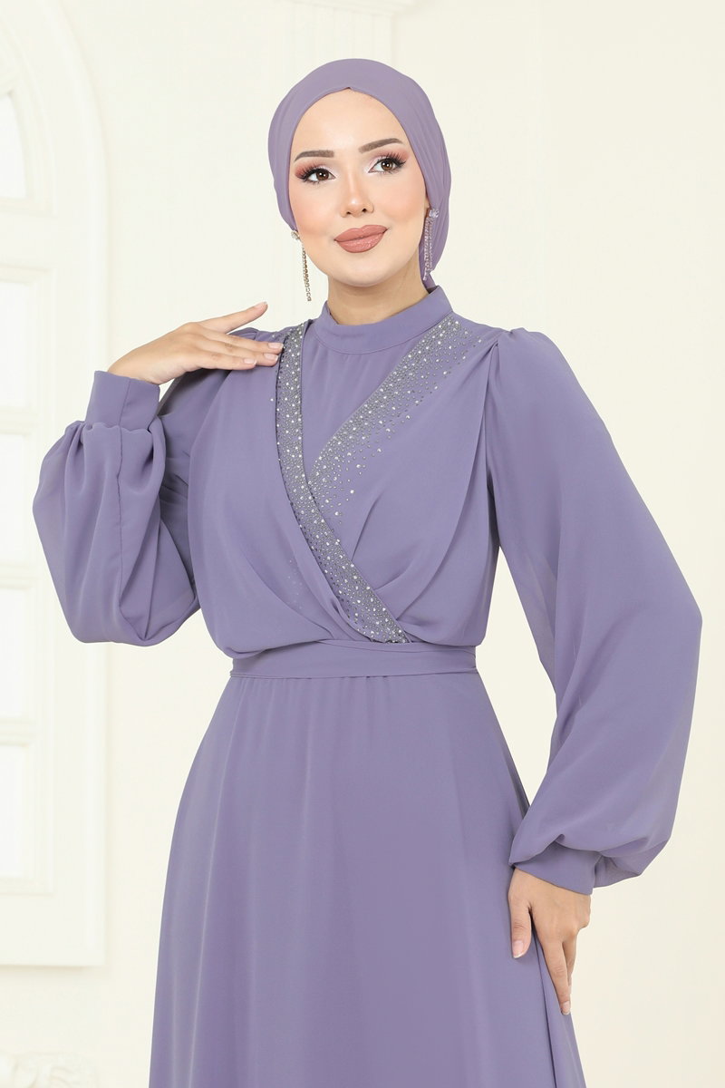 Önü Taşlı Şifon Abiye 2427ANT466 görsel 4