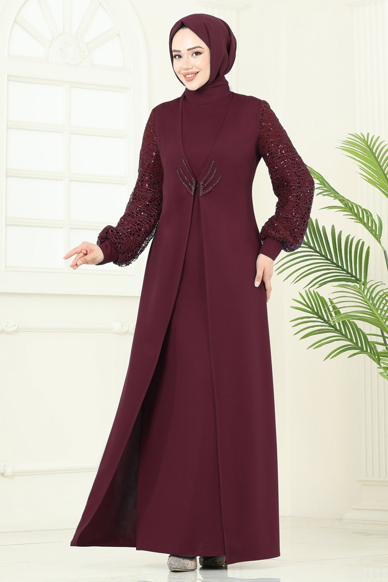 Kolları Fileli Abiye Elbise ASM2811 görsel 3