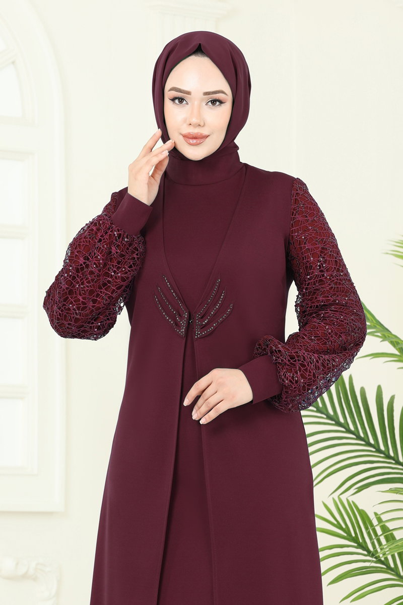 Kolları Fileli Abiye Elbise ASM2811 görsel 4