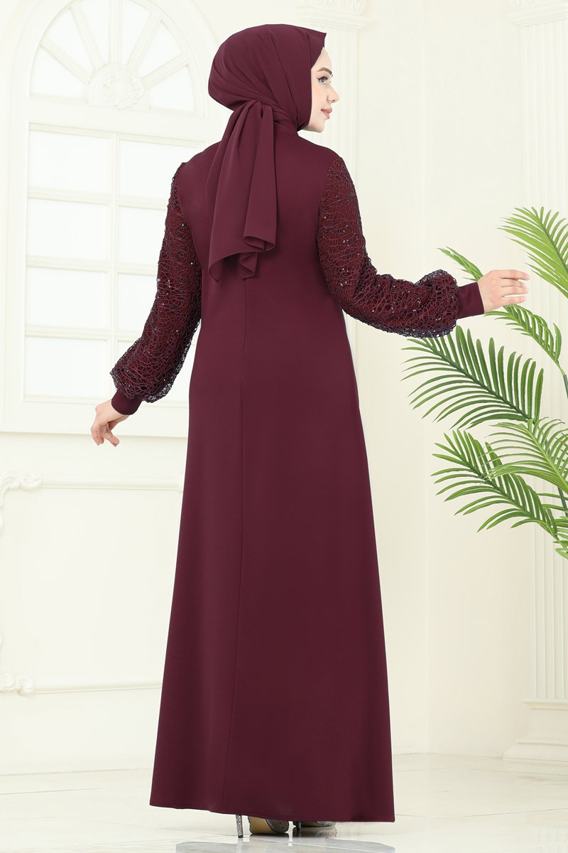 Kolları Fileli Abiye Elbise ASM2811 görsel 5