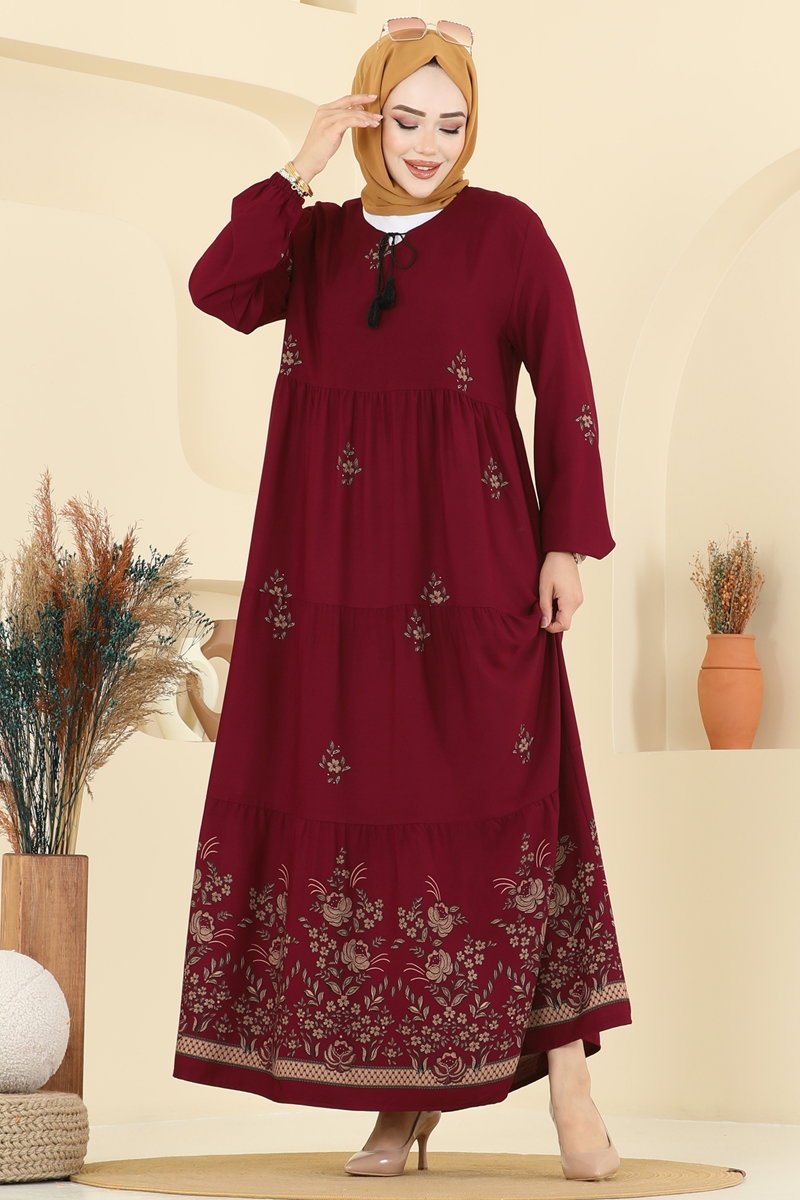 Yakası Bağcıklı Desenli Elbise 5012ERK1158 görsel 3