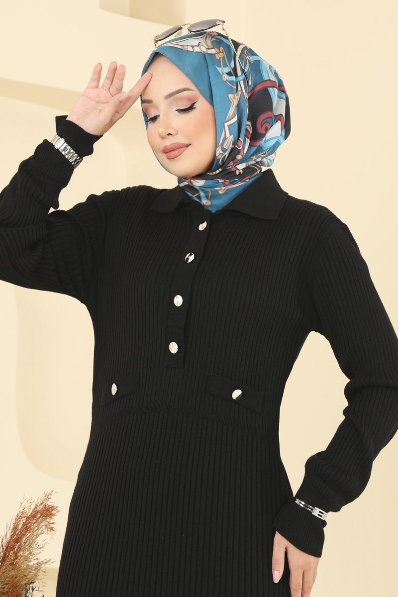 Önden Yarım Düğmeli Triko Ellbise 8364KL398 görsel 3