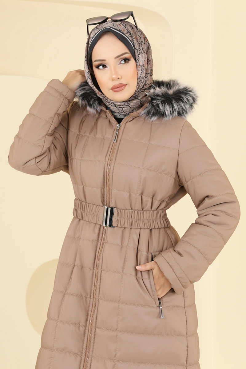 Kemerli Kapitone Şişme Kaban 3907HN218 görsel 4