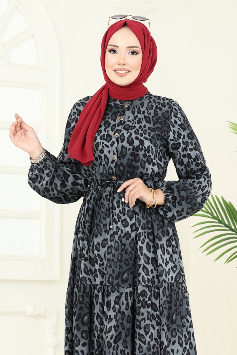Leopar Desenli Viskon Elbise 7130ERK1158 görsel 3