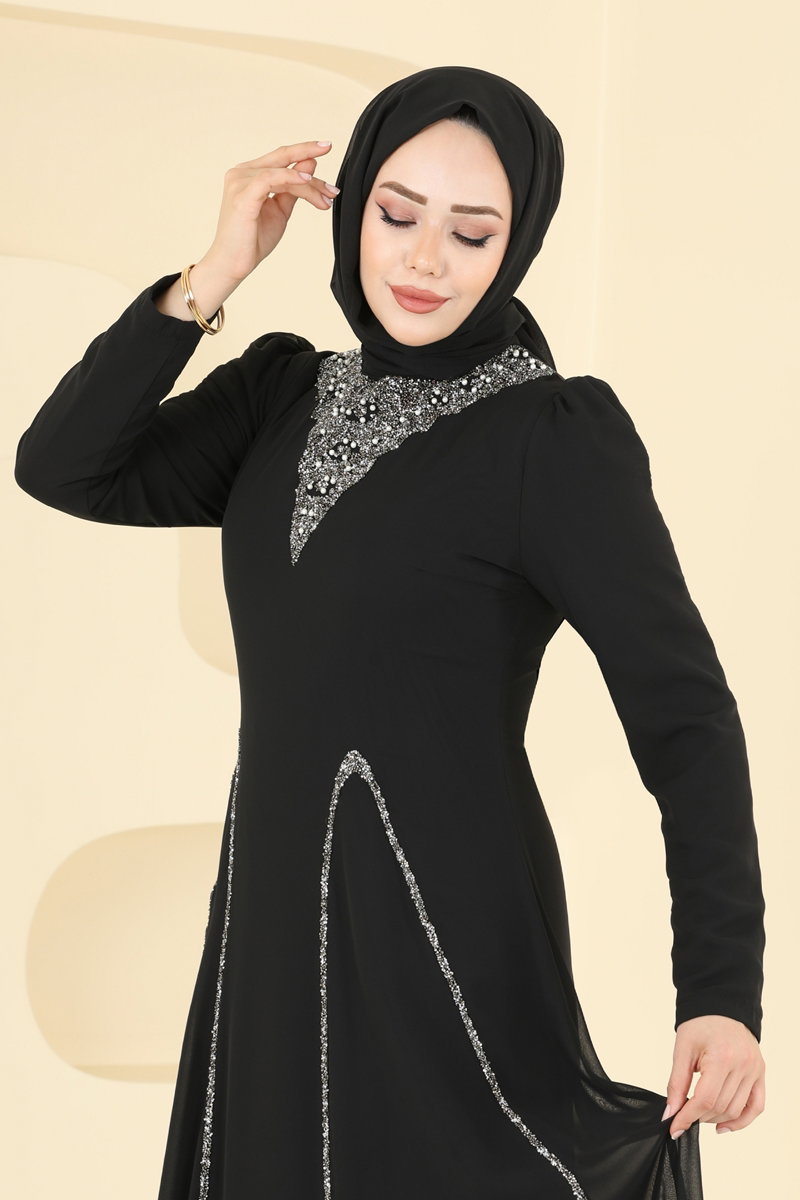 Yırtmaç Görünümlü Taşlı Şifon Abiye 8106AB368 görsel 3