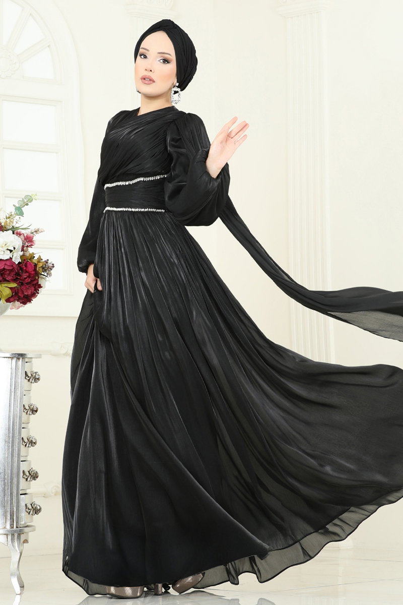 SUAL Kuşak Görünümlü Organze Abiye 5302DMNK1166 görsel 3