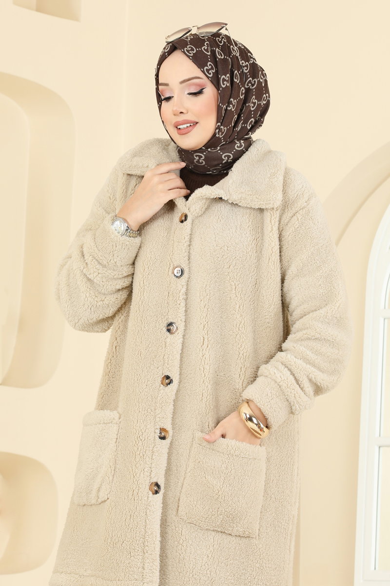 Önden Düğmeli Peluş Kap 6053TEG847 görsel 3