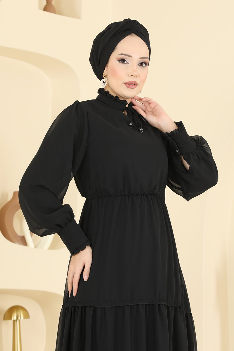 Yaka Bağcıklı Şifon Elbise 6268BSK463 görsel 3