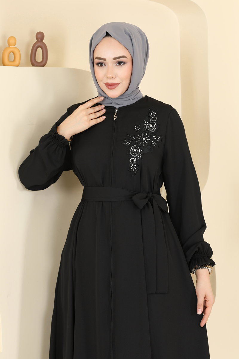 Boncuk İşlemeli Krep Ferace 8237AB368 görsel 3
