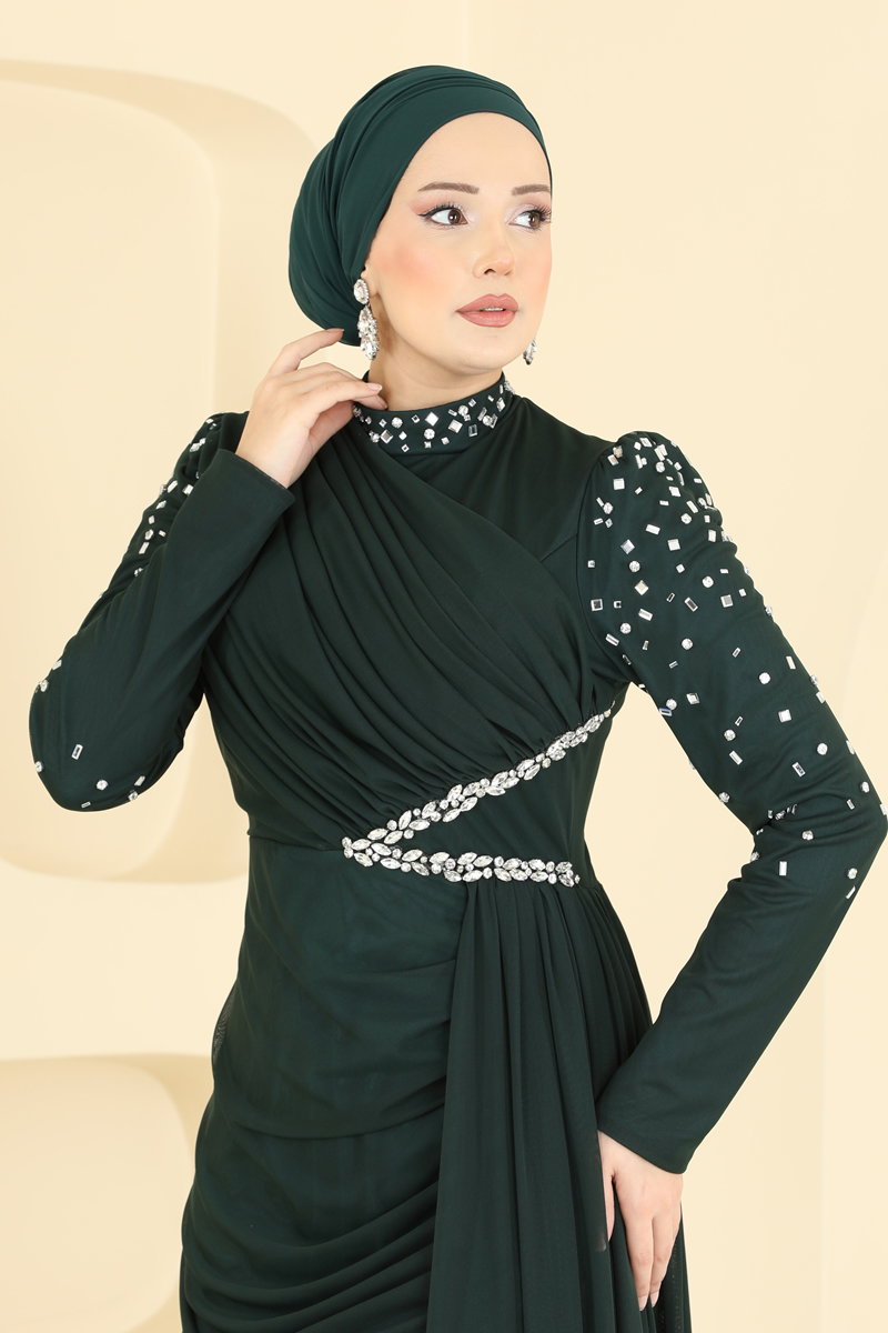 Taşlı Pelerinli Tül Abiye 5742EDF311 görsel 3