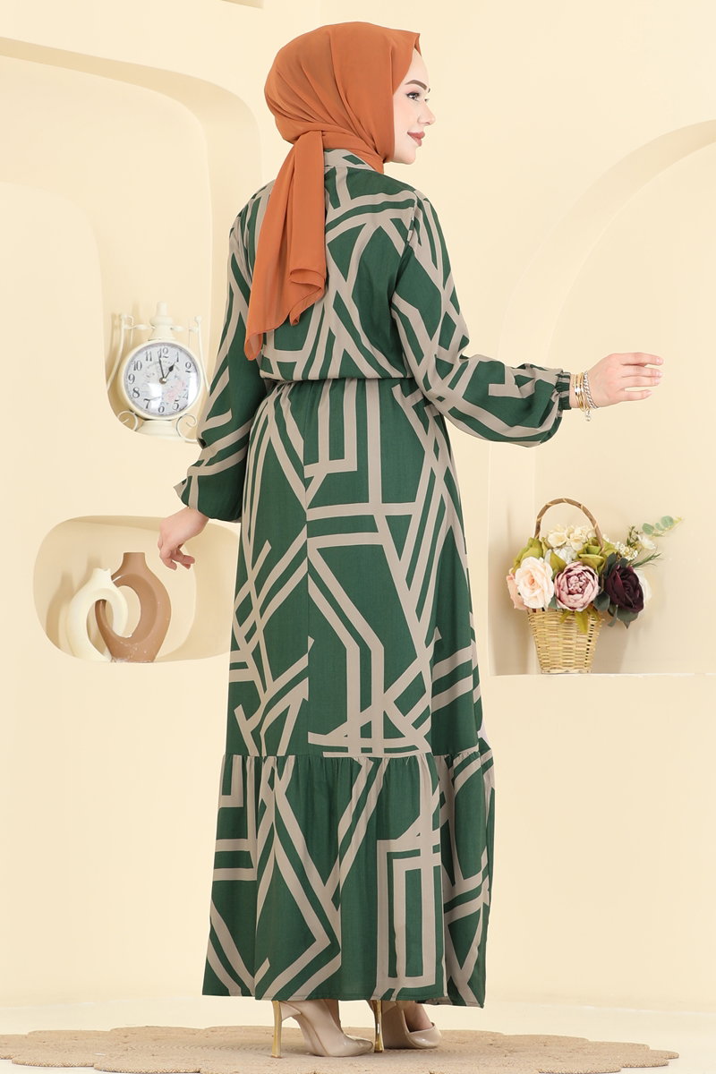 Geometrik Desenli Kuşaklı Elbise 7162BG354 görsel 4