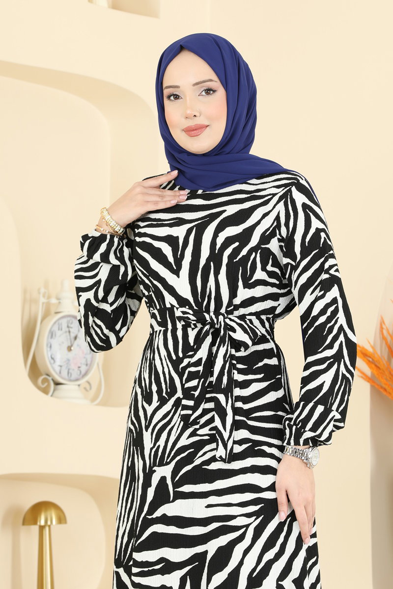 Zebra Desenli Kemerli Elbise 731PM271 görsel 3