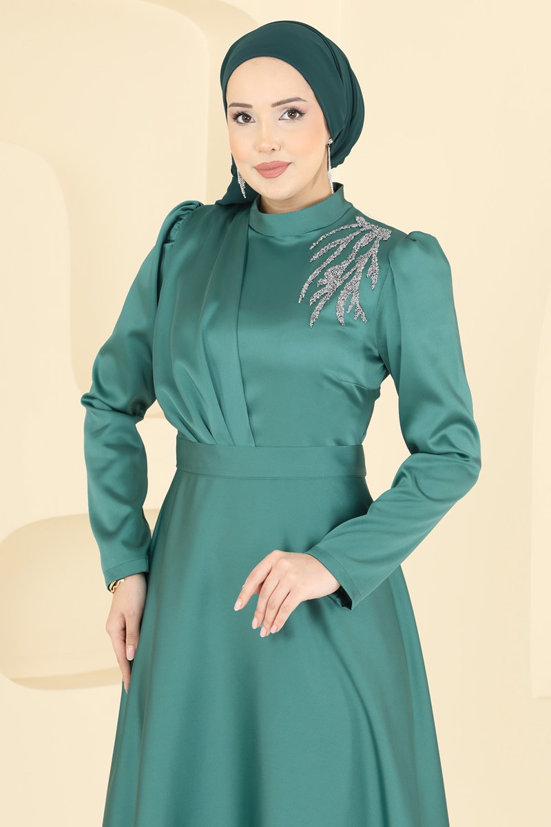 Omuzu Taşlı Saten Elbise 5801EDFK1198 görsel 3