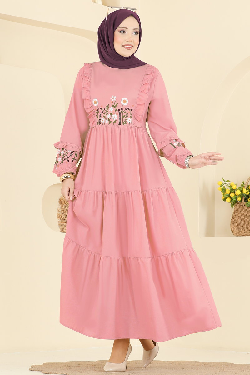 Çiçek Nakışlı Poplin Elbise 327ASN888