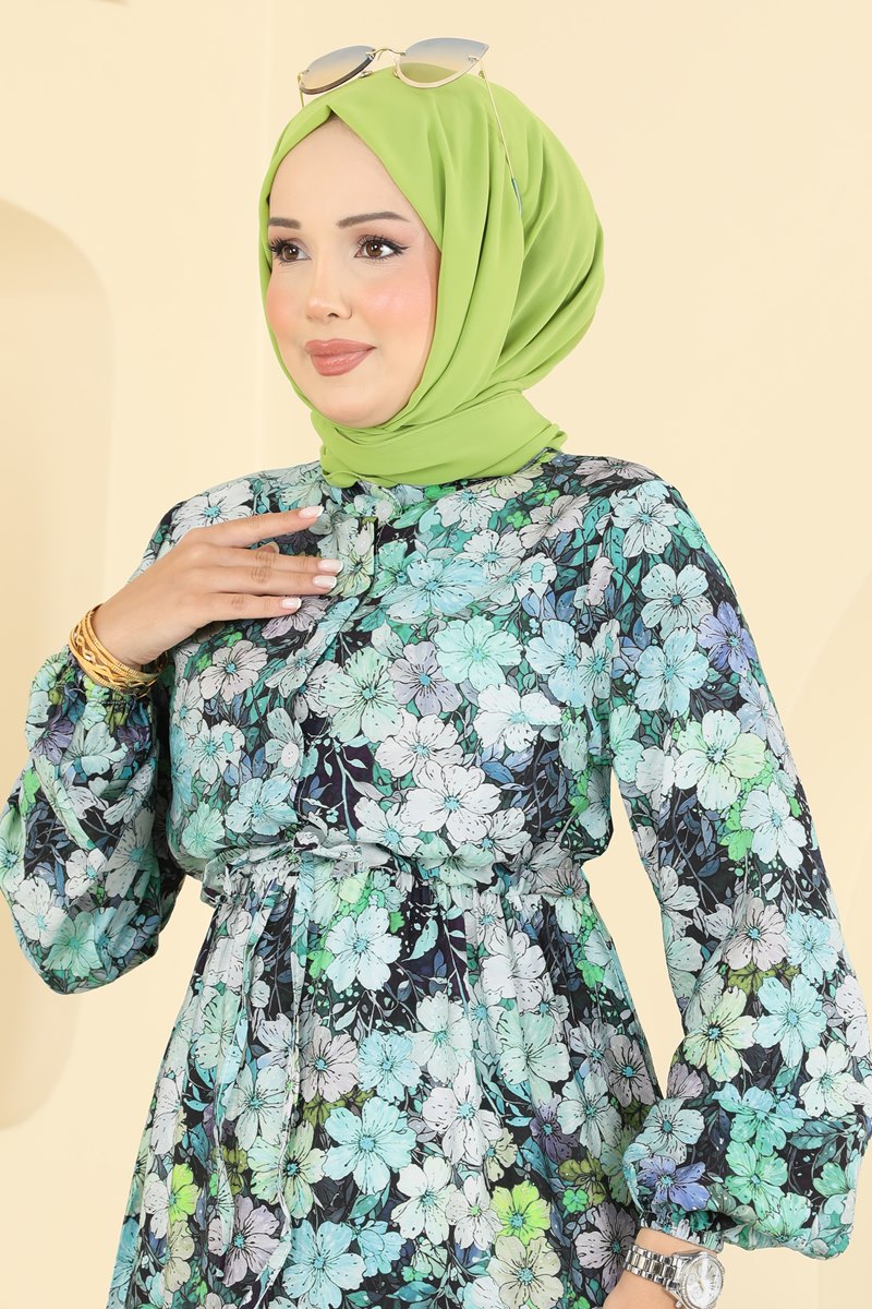 Çiçek Desenli Kemerli Elbise 228NZRK1200 görsel 3