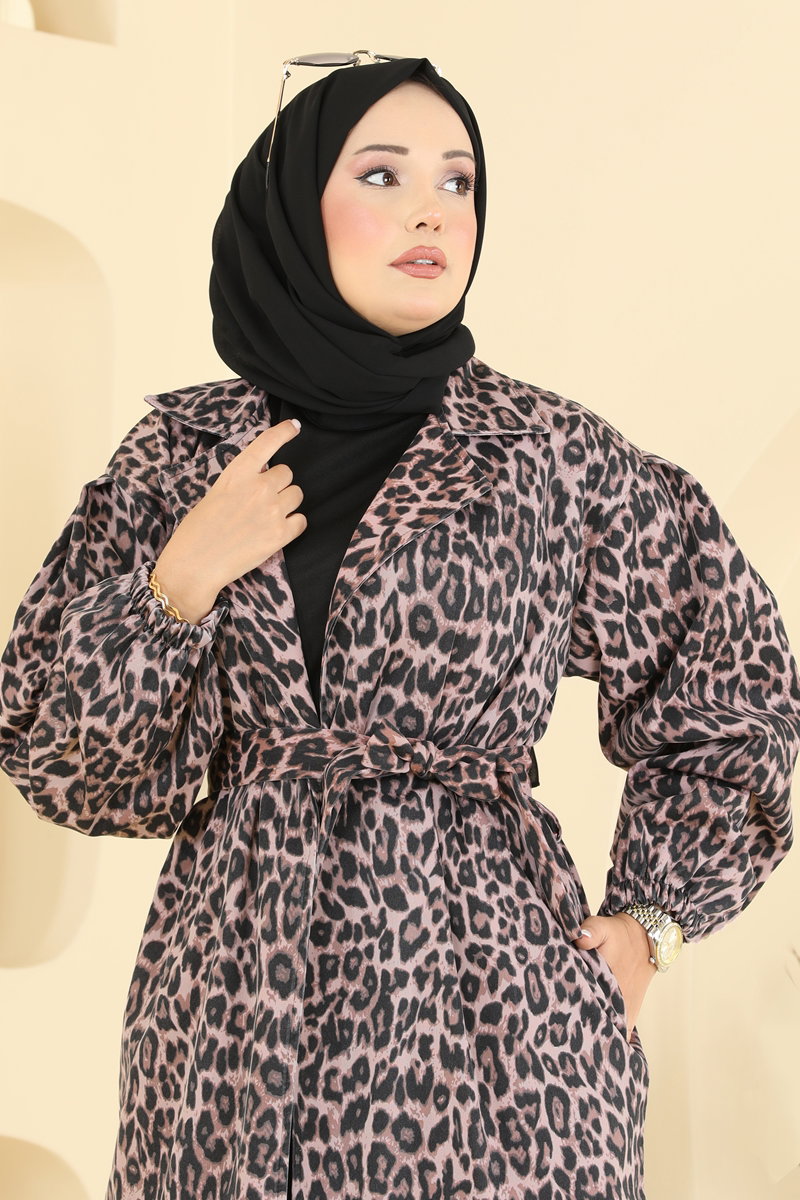Leopar Desenli Uzun Trençkot 801MRK805 görsel 3