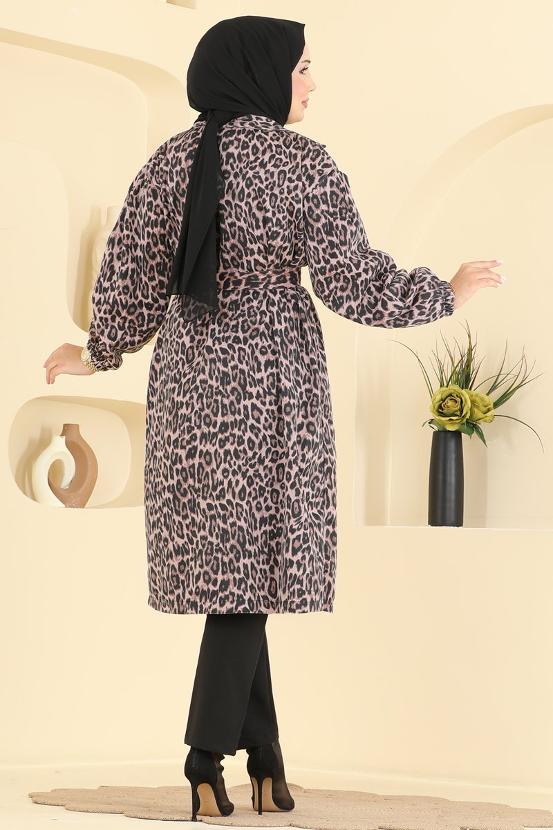 Leopar Desenli Uzun Trençkot 801MRK805 görsel 4
