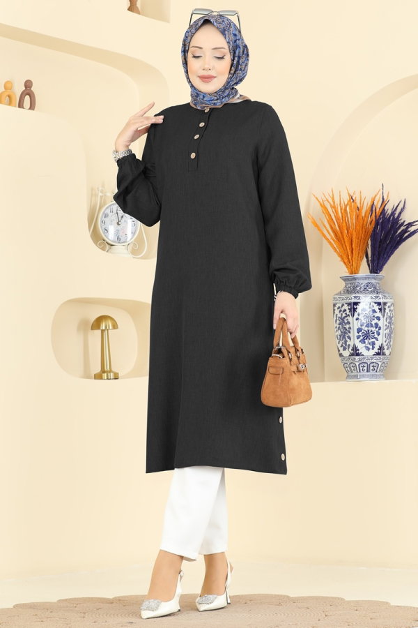 Modaselvim Tunik Uzun Sofia Keten Tunik 2835SLK540 Siyah