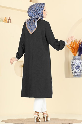 moda selvim Uzun Sofia Keten Tunik 2835SLK540 Siyah - Thumbnail