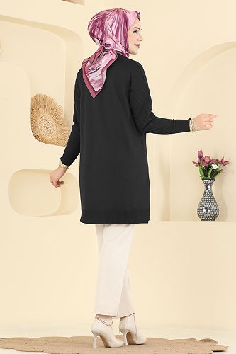 moda selvim V Çizgili Merserize Triko Tunik 3192UZ662 Siyah - Thumbnail