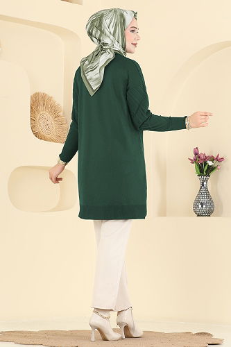 moda selvim V Çizgili Merserize Triko Tunik 3192UZ662 Zümrüt - Thumbnail