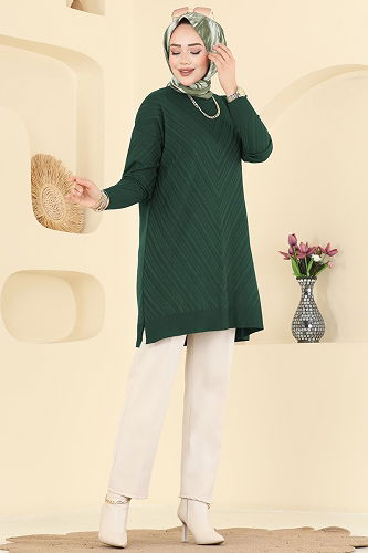 moda selvim V Çizgili Merserize Triko Tunik 3192UZ662 Zümrüt - Thumbnail