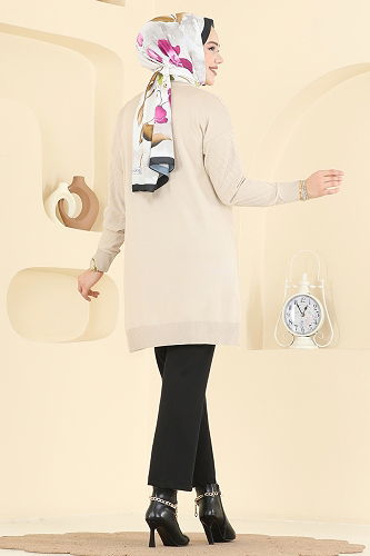 moda selvim V Çizgili Triko Tunik 3192UZ662 Bej - Thumbnail