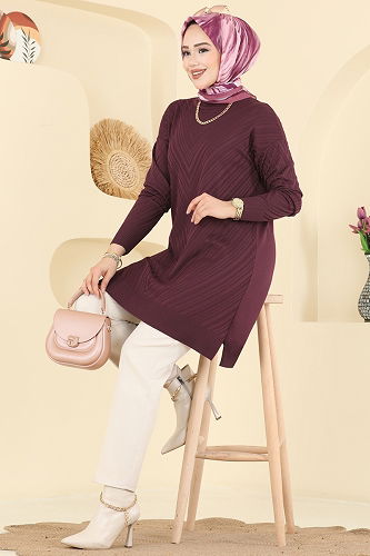 moda selvim V Çizgili Triko Tunik 3192UZ662 Bordo - Thumbnail