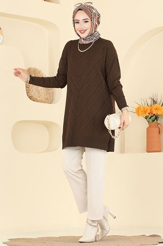 moda selvim V Çizgili Triko Tunik 3192UZ662 Kahve - Thumbnail