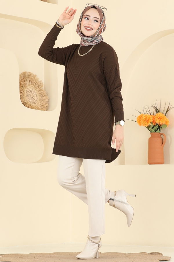 Modaselvim Triko V Çizgili Triko Tunik 3192UZ662 Kahve
