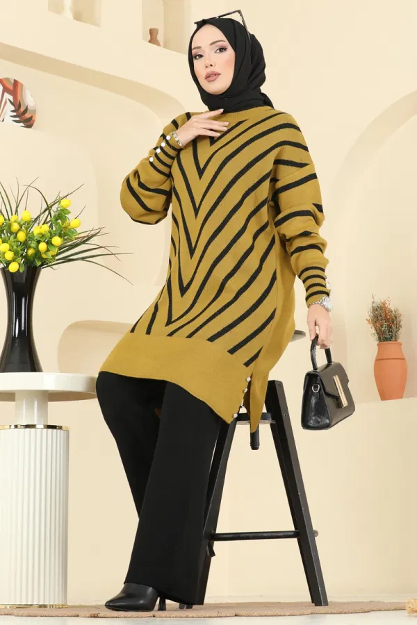 Modaselvim Kombin V Desen Triko Takım 2755AYD574 Asit&Siyah