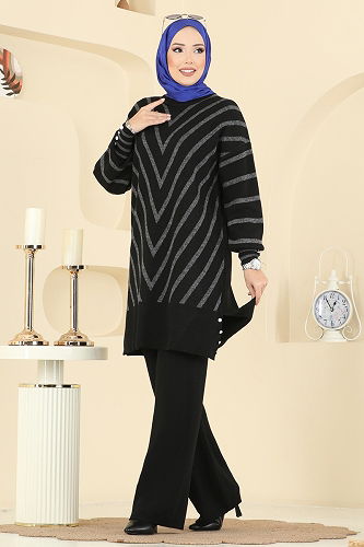 moda selvim V Desen Triko Takım 2755AYD574 Siyah - Thumbnail