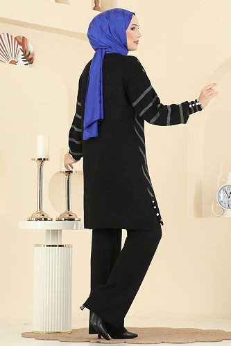 moda selvim V Desen Triko Takım 2755AYD574 Siyah - Thumbnail