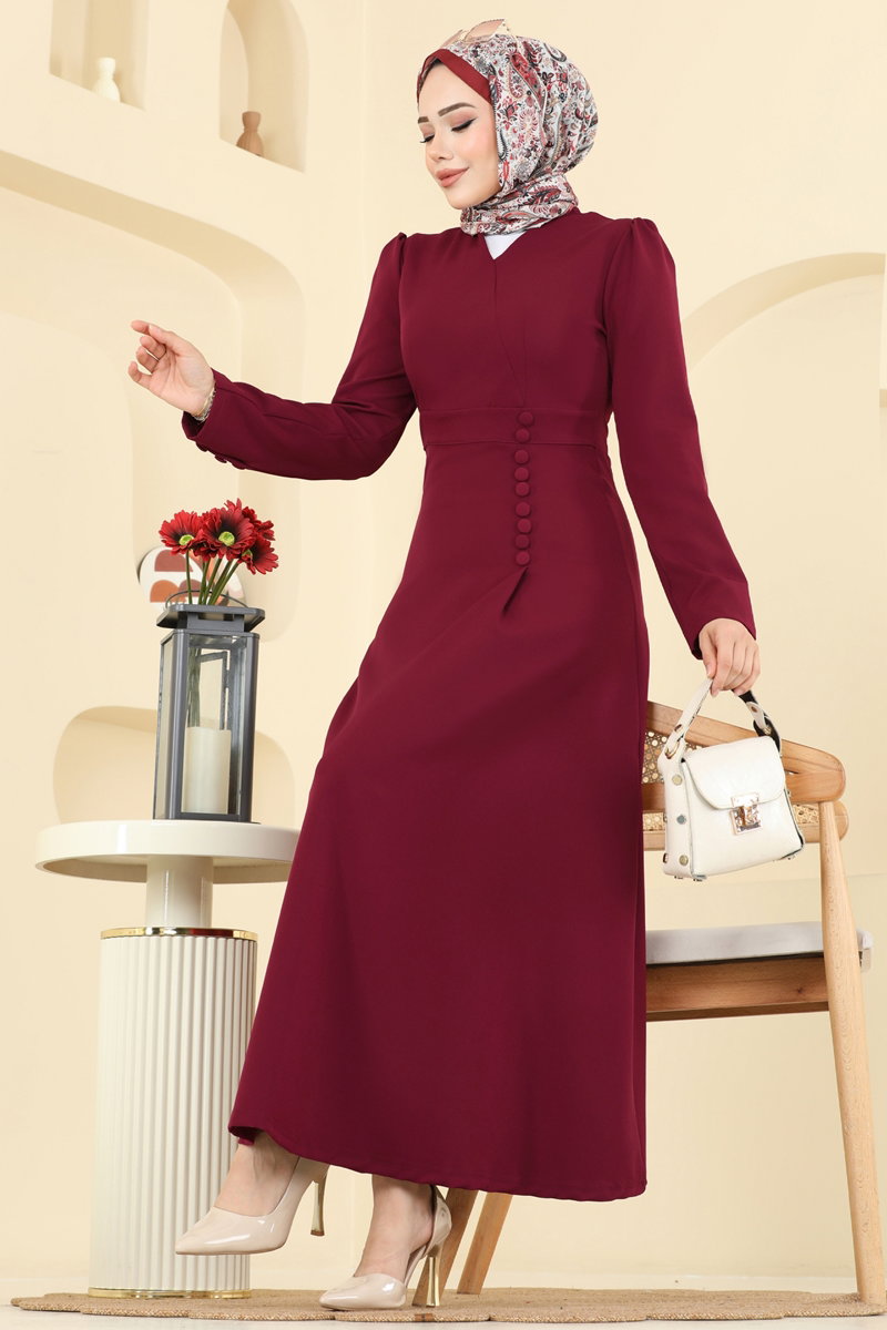 V Yaka Aksesuar Düğmeli Elbise 2754SL432 Bordo