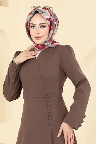 moda selvim V Yaka Aksesuar Düğmeli Elbise 2754SL432 Koyu Vizyon - Thumbnail