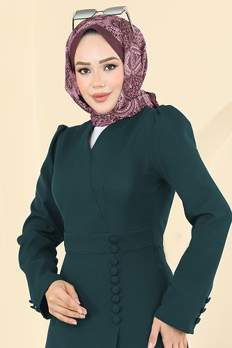 moda selvim V Yaka Aksesuar Düğmeli Elbise 2754SL432 Petrol - Thumbnail