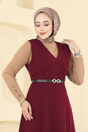 moda selvim V Yaka Kemerli Dabıl Jile 5095ERK1158 Bordo - Thumbnail