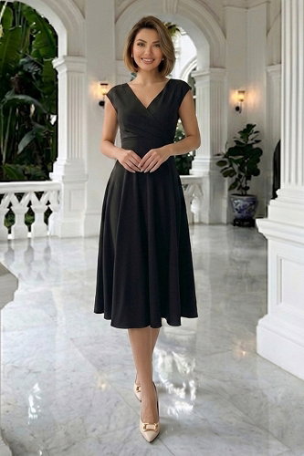 moda selvim V Yaka Krep Elbise 8585JNT1202 Siyah - Thumbnail