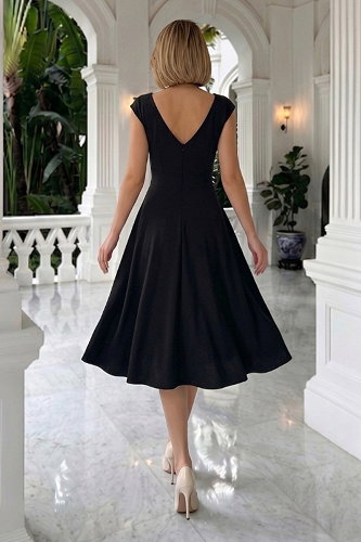 moda selvim V Yaka Krep Elbise 8585JNT1202 Siyah - Thumbnail