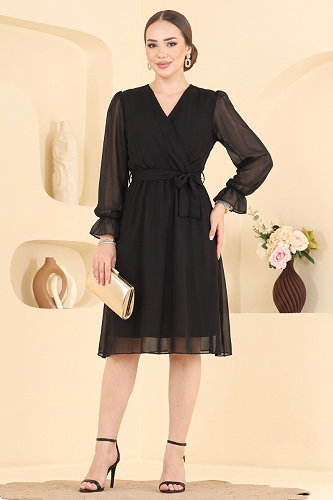 moda selvim V Yaka Midi Elbise 2811AYD574 Siyah - Thumbnail