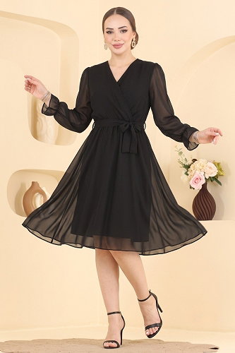 moda selvim V Yaka Midi Elbise 2811AYD574 Siyah - Thumbnail