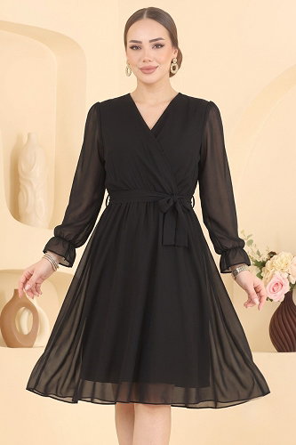 moda selvim V Yaka Midi Elbise 2811AYD574 Siyah - Thumbnail