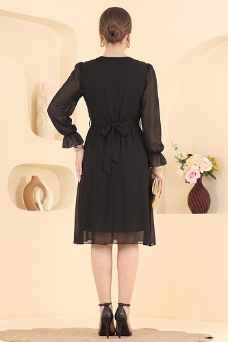 moda selvim V Yaka Midi Elbise 2811AYD574 Siyah - Thumbnail