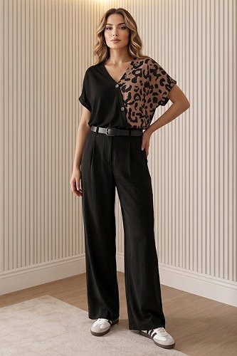 moda selvim V Yaka Süs Düğmeli Bluz 46165JNT1202 Desen 1 Leopar - Thumbnail